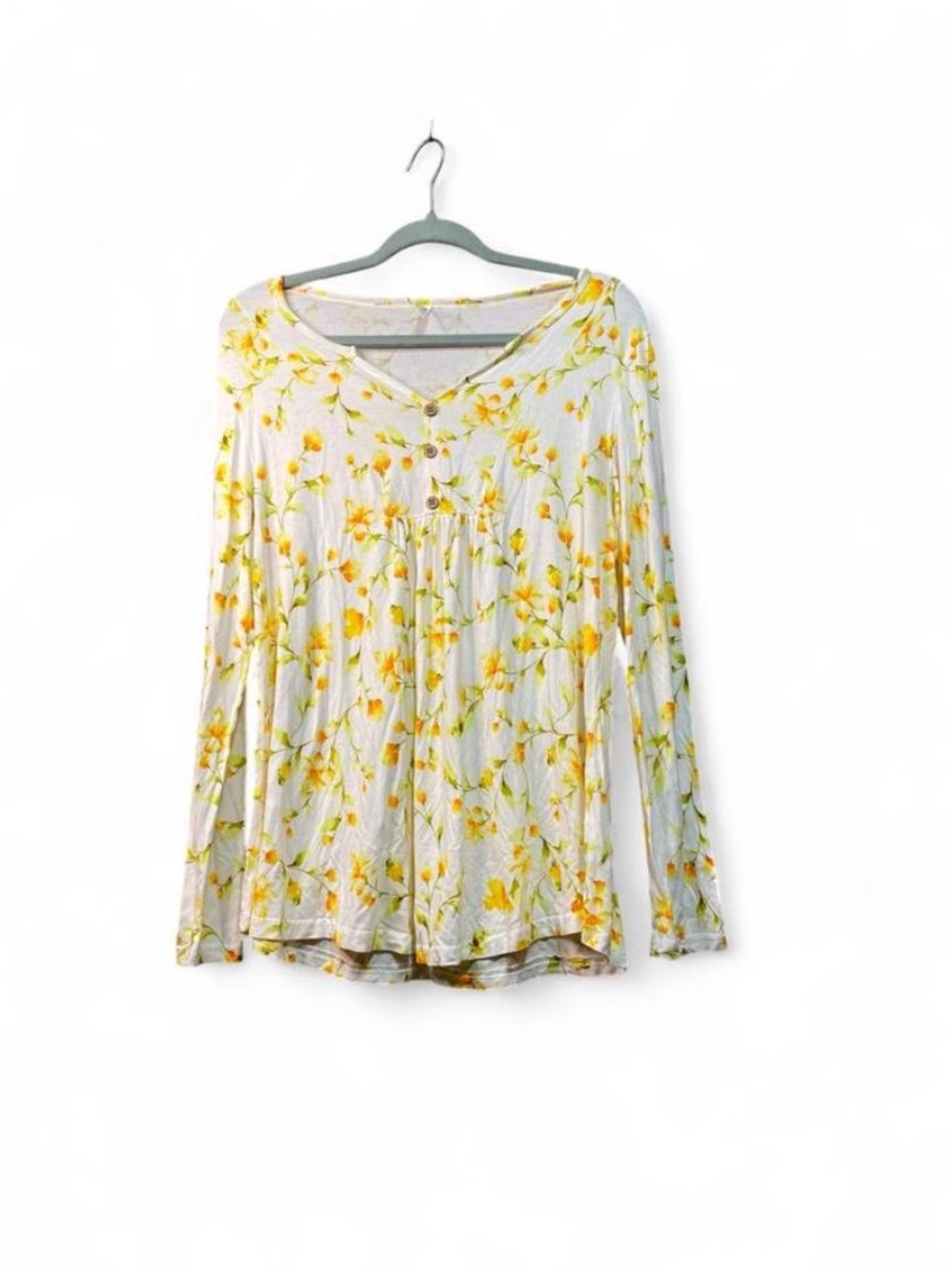 Cathy White Yellow Floral Long Sleeve Babydoll Top L